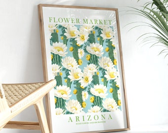 Arizona State Flower Print, AZ Saguaro Blossom Flower Market Wall Art, Yellow Green Teal Floral Painting, Instant Download
