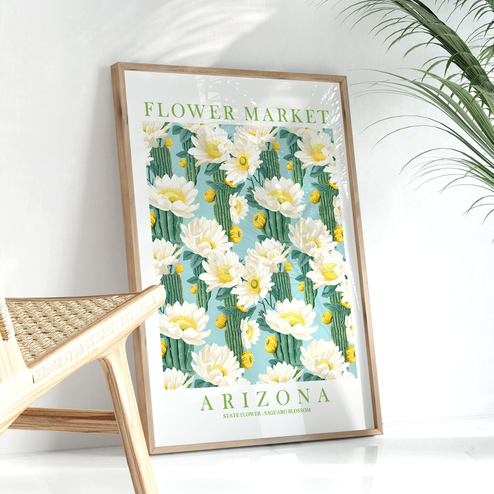 Arizona State Flower Print, AZ Saguaro Blossom Flower Market Wall Art, Yellow Green Teal Floral Painting, Instant Download