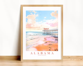 Alabama Travel Poster Cotton State Print Retro Pink Orange Teal Painting Scenery Dock Pier Landscape Dorm Kitchen Bedroom Instant Download