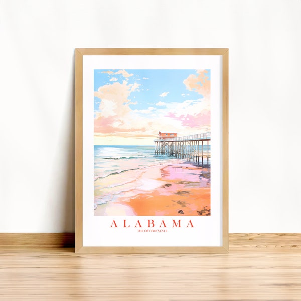 Alabama Travel Poster Cotton State Print Retro Pink Orange Teal Painting Scenery Dock Pier Landscape Dorm Kitchen Bedroom Instant Download