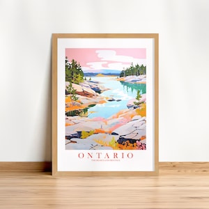 Ontario Travel Poster Lake Cottage Wand Kunst Druck Herzland Provinz Kanada Retro Pink Orange Petrol Landschaft Gemälde, Instant Download