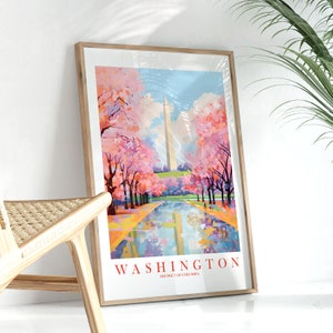 Poster di viaggio DC, Washington Stampa Retro Rosa Arancione Teal Pittura Washington Monument Paesaggio Fiori di ciliegio Download immediato