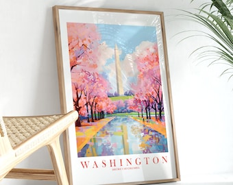 DC Travel Poster, Washington Print Retro Pink Orange Teal Painting Washington Monument Landscape Cherry Blossoms Instant Download