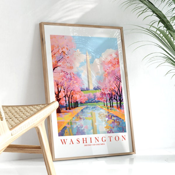 DC Travel Poster, Washington Print Retro Pink Orange Teal Painting Washington Monument Landscape Cherry Blossoms Instant Download