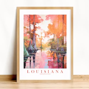 Cartel de viaje de Luisiana, Pelican State Print Retro Pink Orange Teal Painting Bayou Landscape Dorm Kitchen Bedroom, Descarga instantánea