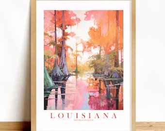 Louisiana Travel Poster, Pelican State Print Retro Pink Orange Teal Painting Bayou Landscape Dorm Kitchen Bedroom, Instant Download