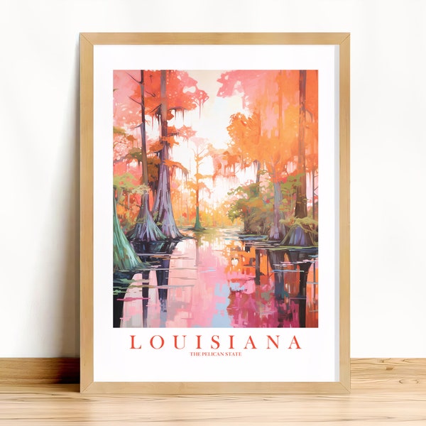 Affiche de voyage de Louisiane, Pelican State Print Rétro Rose Orange Sarcelle Peinture Bayou Paysage Dortoir Cuisine Chambre, Téléchargement instantané