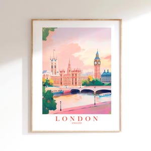 Cartaz de viagem de Londres, impressão do Big Ben, imagem do rio Tâmisa, rosa, azul, verde, pintura, horizonte da Grã-Bretanha, decoração britânica, arte de parede para impressão