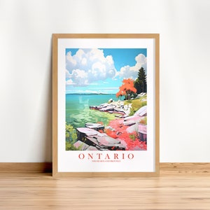 Affiche de voyage de l'Ontario, impression d'art mural Province du Heartland, Canada Impression des Grands Lacs, peinture rétro, rose, orange, sarcelle, paysage, téléchargement immédiat