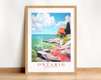 Lake Ontario Travel Poster Wall Art Print Heartland Province Canada Retro Pink Orange Teal Vacation Scenery Painting, Instant Download