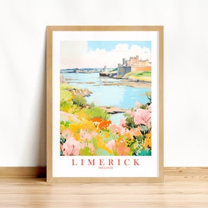 Limerick Travel Print Ireland Souvenir Gift Green Teal Orange Pink Wall Art Retro Landscape Poster, Printable Wall Art