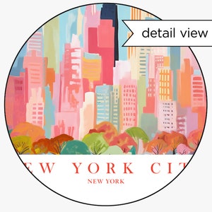 May include: A colorful illustration of the New York City skyline with a park in the foreground. The buildings are painted in shades of pink, blue, yellow, and green. The park is filled with trees in shades of red, orange, and green. The text "NEW YORK" is printed below the image.