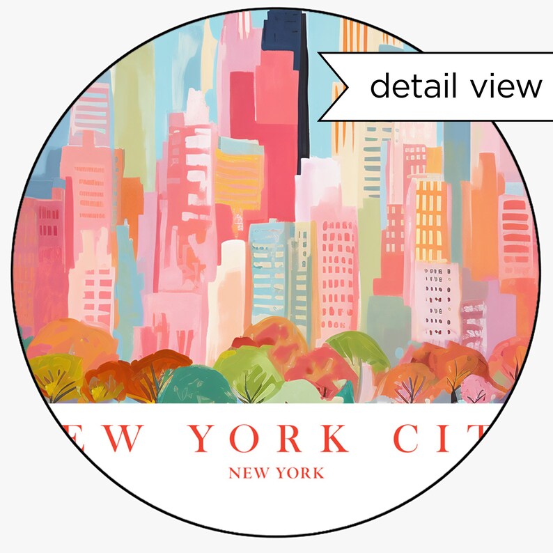 May include: A colorful illustration of the New York City skyline with a park in the foreground. The buildings are painted in shades of pink, blue, yellow, and green. The park is filled with trees in shades of red, orange, and green. The text "NEW YORK" is printed below the image.