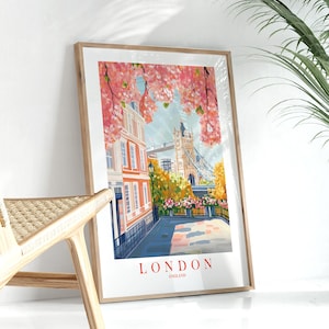Cartaz de Londres, Inglaterra, Grã-Bretanha, Reino Unido, impressão de viagem, rosa, azul, imagem, Tower Bridge, horizonte da cidade, arte de parede para impressão britânica
