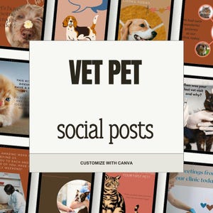 Puede incluir: Un collage de imágenes que promocionan las publicaciones en redes sociales de una clínica veterinaria. Las imágenes presentan varias mascotas, incluidos gatos y perros, e incluyen texto como "Vet Pet Social Posts" y "Personalizar con Canva".