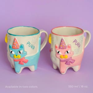 Handmade Ceramic Mug Hand Painted with a Blue Cat, Mugs and Cups, Handmade Cup, Mug on legs, Great Mother&#39;s Gift Birthday Gift, Cute Cat