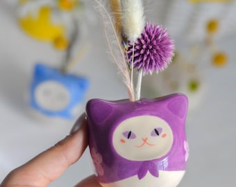 Mini keramische kattenvaas, handgemaakte bloemen wierookhouder, kleine miniatuur kattensculptuur, bureaudecoratie, schattige kleine vaas, decor kattenliefhebber