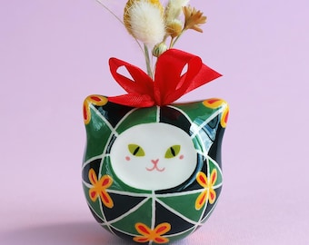 ヴィンテージ 1980年 コシフ陶器花瓶 – 手描き花動物装飾 / 黄緑茶