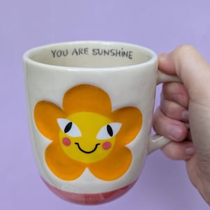 Cute Minimalist Orange Flower Mug, Handmade Ceramic Floral, Botanic Coffee, Cappuccino Cup Mug, Handpainted Floral Ceramic Cup, Calm mug