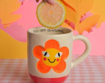 Unique Floral Coffee Cup, Handmade Gift, Orange Flower Pottery Cup, Unique Handmade Floral Ceramic Mug, Hand Painted Birthday Gift Idea