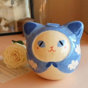 Custom Pet Urn, Forget me not Handmade Ceramic Cat Urn, Personalized Memorial Jar, Great Memorial Pottery Cat Urn, Fully Handpainted Gift