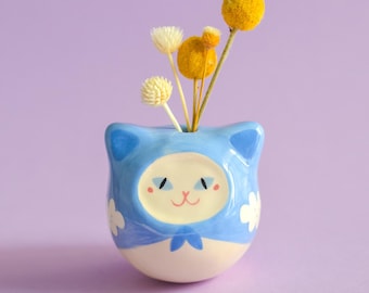 Tiny Cat Bud Vase, Hand-Painted Kawaii Figurine, Cat Memorial Gift