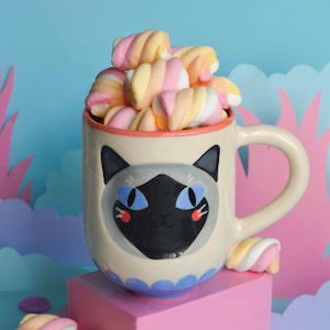 Fun Pet Owner Present, Unique Animal Lover Cup, Cute Kitten Gift, Novelty Tea Mugs, Pottery Cat Face Mug, Handmade HandPainted Pottery Mug