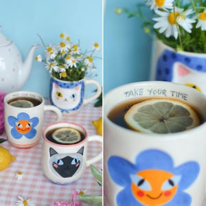 Cozy Handmade Coffee Mug, Blue Flower Ceramic Mug, Floral Coffee Mug, Handmade Large Mug, Cup for Tea & Coffee Lovers, Blossom Coffee Mug