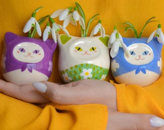 Mini keramische kattenvaas, handgemaakte bloemen wierookhouder, kleine miniatuur kattensculptuur, bureaudecoratie, schattige kleine vaas, decor kattenliefhebber