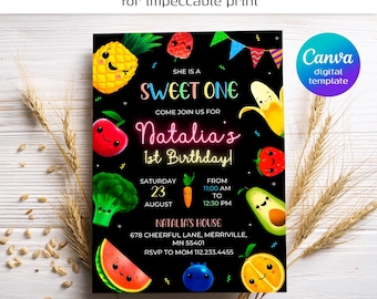 May include: A digital invitation with a black background, featuring colorful cartoon fruits and the text "She is a Sweet One" and "Natalia's 1st Birthday!". Includes the date, time, and location.