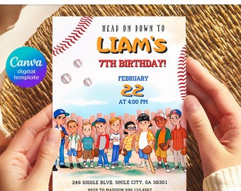 May include: A baseball-themed birthday invitation with the text "Birthday Invitation" at the top. The invitation features a cartoon illustration of children in baseball uniforms, baseballs, and the text "Liam's 7th Birthday!" with the date and time.