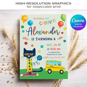 Peut inclure: Une invitation d'anniversaire color&eacute;e mettant en sc&egrave;ne un chat de dessin anim&eacute; portant une chemise jaune avec des boutons, un pantalon bleu et des baskets rouges. L'invitation indique "Les anniversaires sont GROOVY ! Alexander a 6 ans" et comprend les d&eacute;tails de la f&ecirc;te, notamment la date, l'heure et le lieu. L'invitation pr&eacute;sente &eacute;galement un bus scolaire jaune avec un toit et des fen&ecirc;tres bleus.