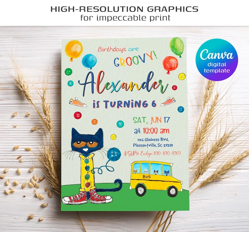 Peut inclure: Une invitation d'anniversaire color&eacute;e mettant en sc&egrave;ne un chat de dessin anim&eacute; portant une chemise jaune avec des boutons, un pantalon bleu et des baskets rouges. L'invitation indique "Les anniversaires sont GROOVY ! Alexander a 6 ans" et comprend les d&eacute;tails de la f&ecirc;te, notamment la date, l'heure et le lieu. L'invitation pr&eacute;sente &eacute;galement un bus scolaire jaune avec un toit et des fen&ecirc;tres bleus.