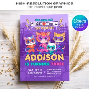 May include: A purple party invitation template featuring four cartoon cats in superhero masks and costumes. The text reads: CALLING ALL SUPER KITTIES TO PARTY! ADDISON IS TURNING THREE, SAT, SEP 15, 1:00-2:30PM, ADDISON'S HOUSE, 234 LAUGHTER LANE, HAPPYVILLE, ID 83701, RSVP TO MELANIE 23.456.7890.