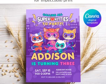 Faire-part SuperKitties, invitation imprimable modifiable Super Kitty, modèle d'invitation de fête d'anniversaire SuperKitty, invitation chaton mignon inviter