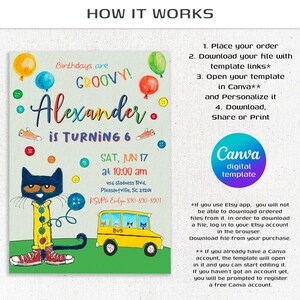 Peut inclure: Une invitation imprimable color&eacute;e pour une f&ecirc;te d'anniversaire de 6 ans. L'invitation repr&eacute;sente un chat de dessin anim&eacute; portant une chemise jaune avec des boutons color&eacute;s, des chaussures rouges et un n&oelig;ud papillon bleu. L'invitation repr&eacute;sente &eacute;galement un bus scolaire jaune avec un toit et des fen&ecirc;tres bleus. Le texte sur l'invitation est le suivant : "Birthdays are GROOVY! Alexander is turning 6. SAT, JUN 17 at 10:00 am 456 Gladness Blvd, Pleasantville, SC 29201 RSVP to Emlyn 890-890-8901". L'invitation est un mod&egrave;le num&eacute;rique Canva.