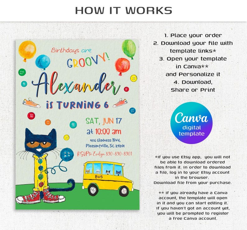 Peut inclure: Une invitation imprimable color&eacute;e pour une f&ecirc;te d'anniversaire de 6 ans. L'invitation repr&eacute;sente un chat de dessin anim&eacute; portant une chemise jaune avec des boutons color&eacute;s, des chaussures rouges et un n&oelig;ud papillon bleu. L'invitation repr&eacute;sente &eacute;galement un bus scolaire jaune avec un toit et des fen&ecirc;tres bleus. Le texte sur l'invitation est le suivant : "Birthdays are GROOVY! Alexander is turning 6. SAT, JUN 17 at 10:00 am 456 Gladness Blvd, Pleasantville, SC 29201 RSVP to Emlyn 890-890-8901". L'invitation est un mod&egrave;le num&eacute;rique Canva.