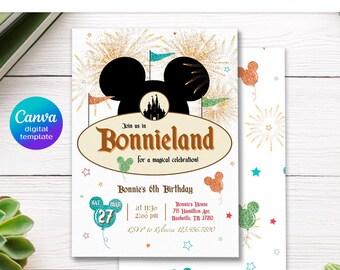 May include: Printable birthday invitation featuring a black Mickey Mouse silhouette with a castle and fireworks. The invitation reads "Bonnieland" and includes details for a 6th birthday party, including the date, time, and RSVP information.