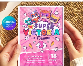 SuperKitties Einladung, druckbare bearbeitbare Super Kitties einladen, SuperKitty-Geburtstagsfeier einladen Vorlage, Kätzchen-Einladung Süß einladen