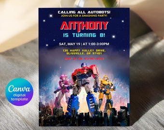 May include: A digital template invitation with a dark blue background and the text "CALLING ALL AUTOBOTS! JOIN US FOR A SMASHING PARTY! ANTHONY IS TURNING 8!" The invitation features illustrations of Transformers characters and the Canva logo.