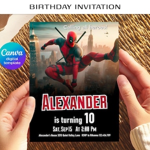 Editable Deadpool and Wolverine birthday invitation, Dead Pool superheroes party, printable invitation