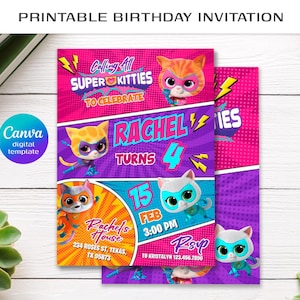 May include: A vibrant birthday invitation featuring cartoon superhero kittens. The invitation is in shades of pink, purple, and orange, with the text "Calling All Super Kitties" and details for Rachel's 4th birthday, including the date, time, and location.