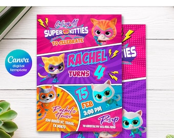 SuperKitties Einladung, druckbare bearbeitbare Super Kitties einladen, SuperKitty-Geburtstagsfeier einladen Vorlage, Kätzchen-Einladung Süß einladen