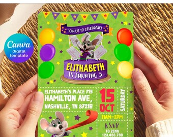 Chuck-E-Cheese bewerkbare uitnodiging, afdrukbare verjaardagsuitnodiging, muisuitnodiging, instant download, sjabloon verjaardagsuitnodiging
