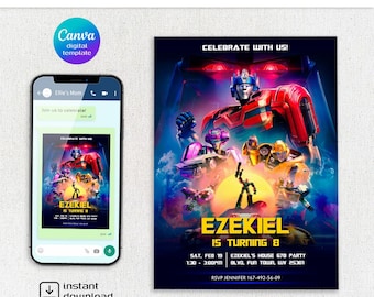May include: A digital invitation template for a birthday party, featuring a colorful design with robots and the text "Ezekiel is Turning 8." The invitation includes the date, time, and location.