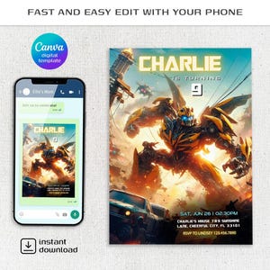 May include: A digital birthday invitation template featuring a yellow and black robot character in a battle scene. The text reads CHARLIE IS TURNING 9, SAT, JUN 26 | 02:30PM, CHARLIE'S HOUSE 789 SUNSHINE LANE, CHEERFUL CITY, FL 33101, RSVP TO LINDSEY 123.456.7890.