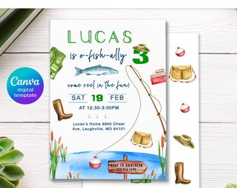 May include: A printable birthday invitation with a fishing theme. The invitation features the text "LUCAS is o-fish-ally 3" with a watercolor illustration of a fishing rod, fish, and other fishing-related elements. The invitation includes the date, time, and location.