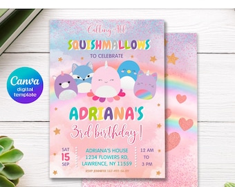 May include: A printable birthday invitation featuring colorful Squishmallows characters. The invitation is for Adriana's 3rd birthday, with details including the date, time, and location. The design includes a rainbow and stars.
