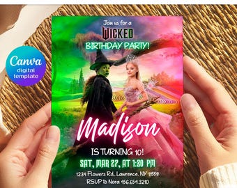 Wicked verjaardagsuitnodiging, bewerkbare sjabloon, Glinda & Elphaba, Wicked Movie feestuitnodiging, afdrukbare uitnodiging, uitnodigingssjabloon