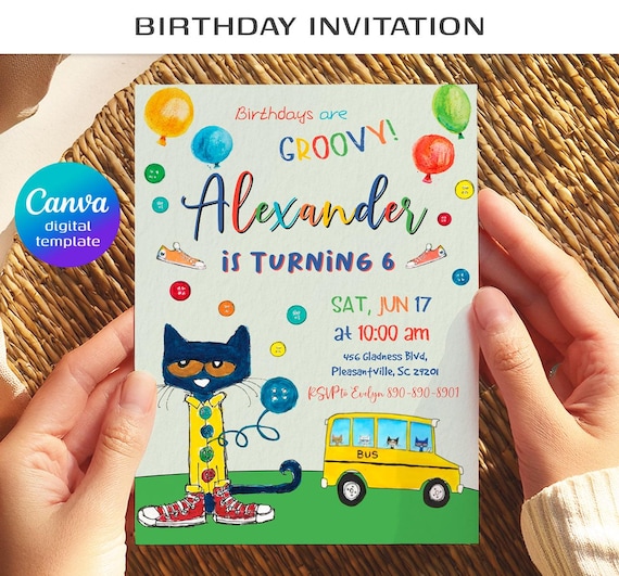 printable Pete the Cat Birthday Party Invitation, Editable Pete the Cat Invite, Party Invite Template, boy girl birthday